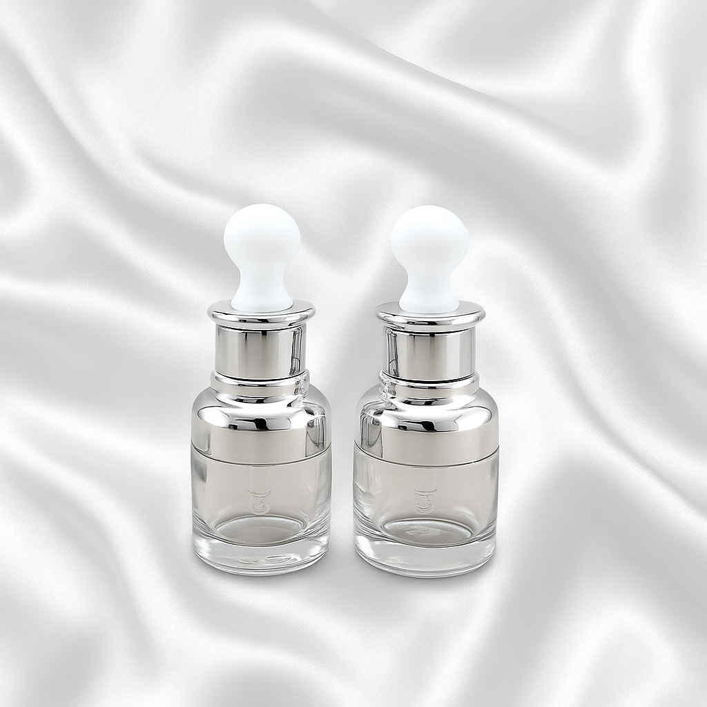 Athena Dropper Bottle – Clear Glass with Silver Collar & White Bulb (30ml & 50ml)