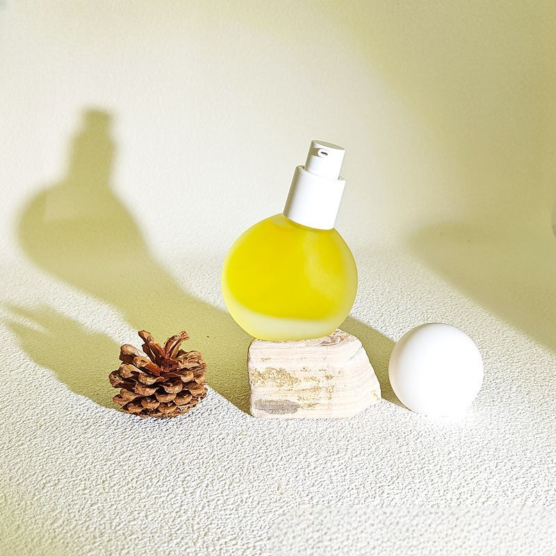 Aurora 30 ml Frosted Glass Round Bottle with Plastic Pump & Rounded Dome Lid | Clear Refillable Cosmetic Lotion Bottle