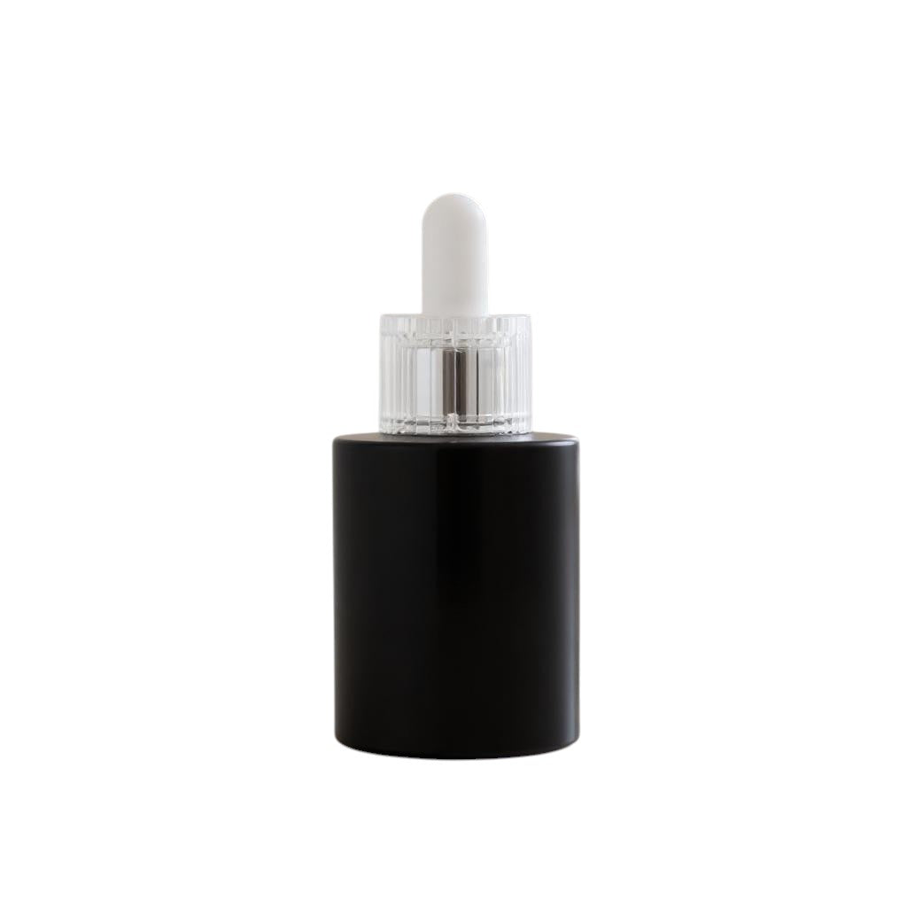 Dakota 40 ml (1.35 oz) Black Glass Dropper Bottle | White Rubber Dropper | Silver Ring