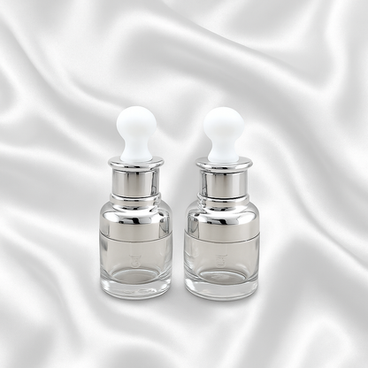 Athena Dropper Bottle – Clear Glass with Silver Collar & White Bulb (30ml & 50ml)