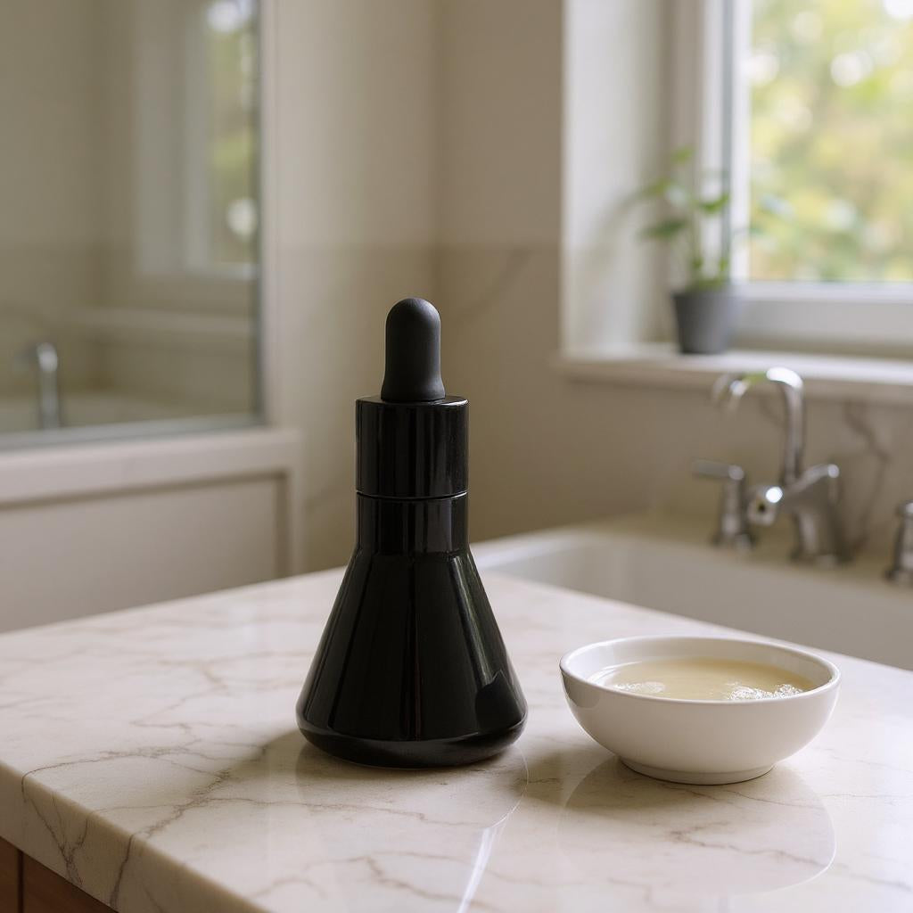 Devin 30 ml (1 oz) Matte Black Glass Dropper Bottle Serum Pipette | Refillable | Logo Optional